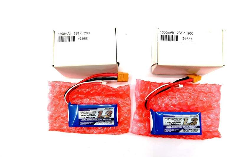Pair of 1.3 Li-Po RC battery packs with orange 2-pin and 3-pin connectors