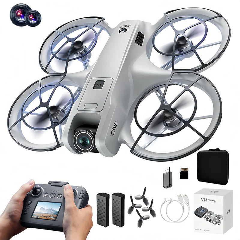 White and gray RC drone with propeller guards and remote controller with screen display