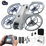 White and gray RC drone with propeller guards and remote controller with screen display