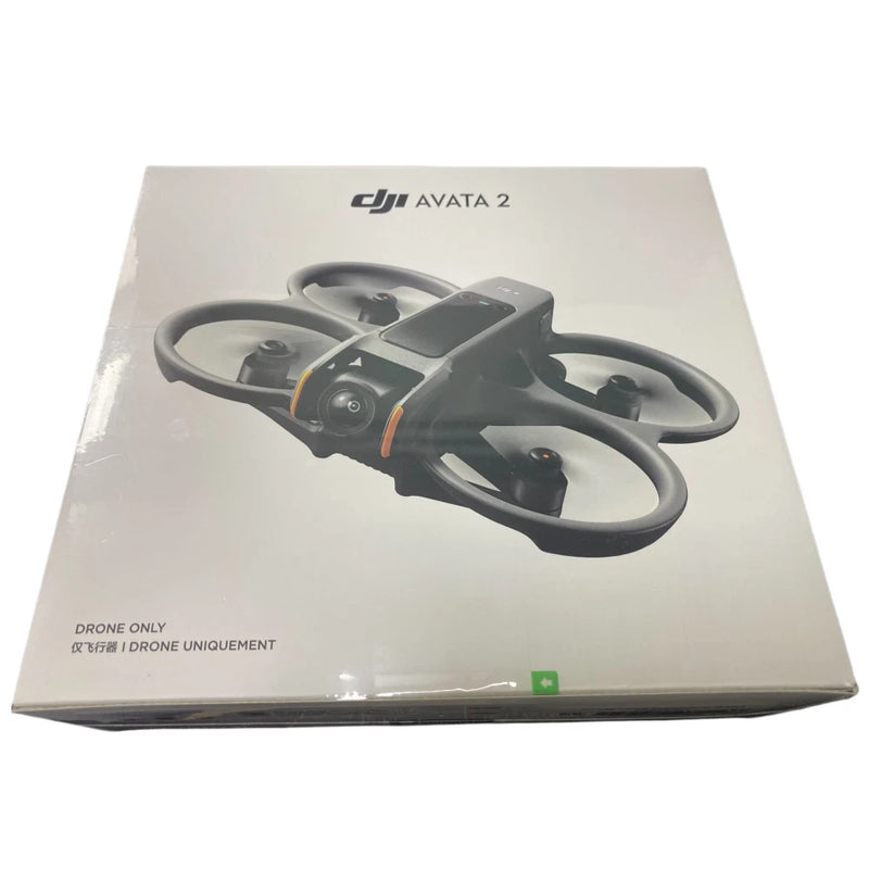 DJI Avata 2 drone in box, propellers and camera visible