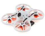 White quadcopter drone with four orange propellers and front camera module