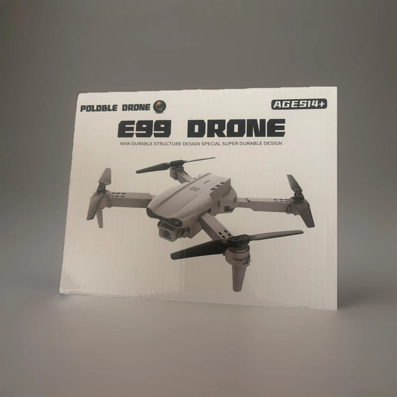 Foldable quadcopter drone retail box with printed drone image and E99 branding