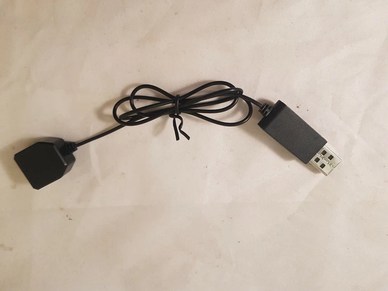 Black charging cable with USB plug and power connectors for folding RC drone battery