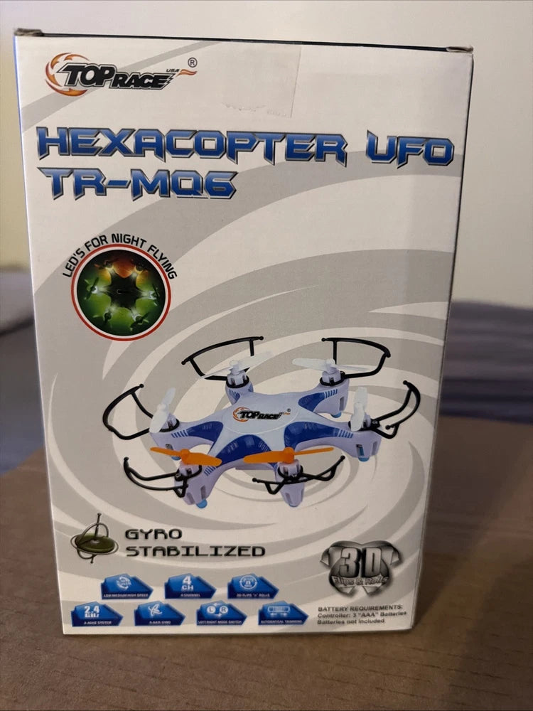 4-channel hexacopter UFO drone with 6-axis gyro, 2.4GHz remote, in retail box