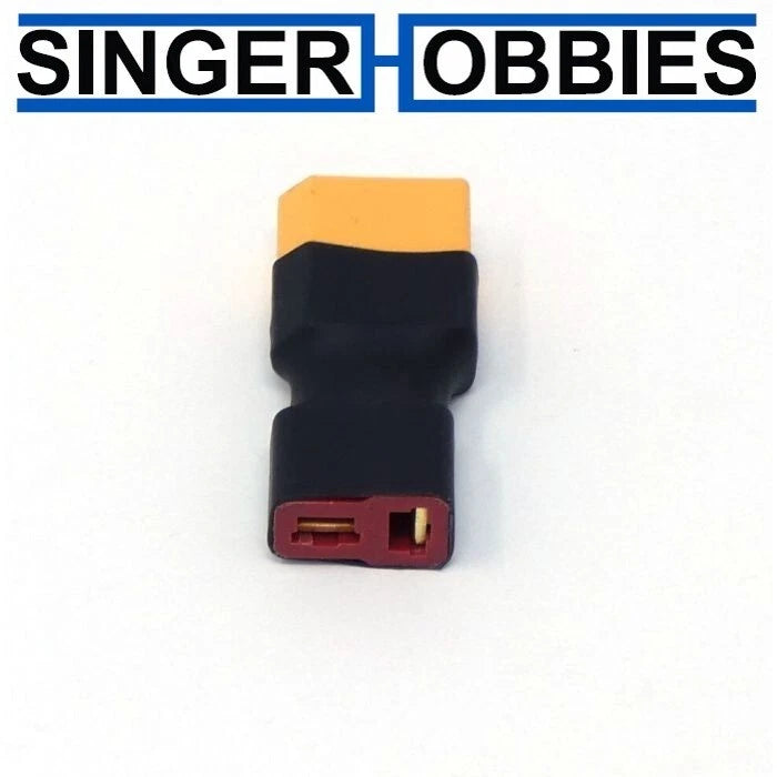Deans female to XT60 male battery adapter with black and orange housing
