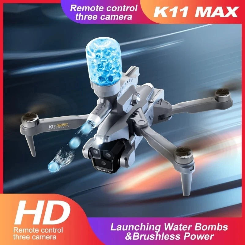 Gray quadcopter drone with blue water-launch beacon and four foldable propellers
