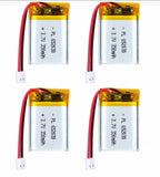 Set of four 3.7V 350mAh LiPo batteries with PH2.0 JST connectors and red/black leads