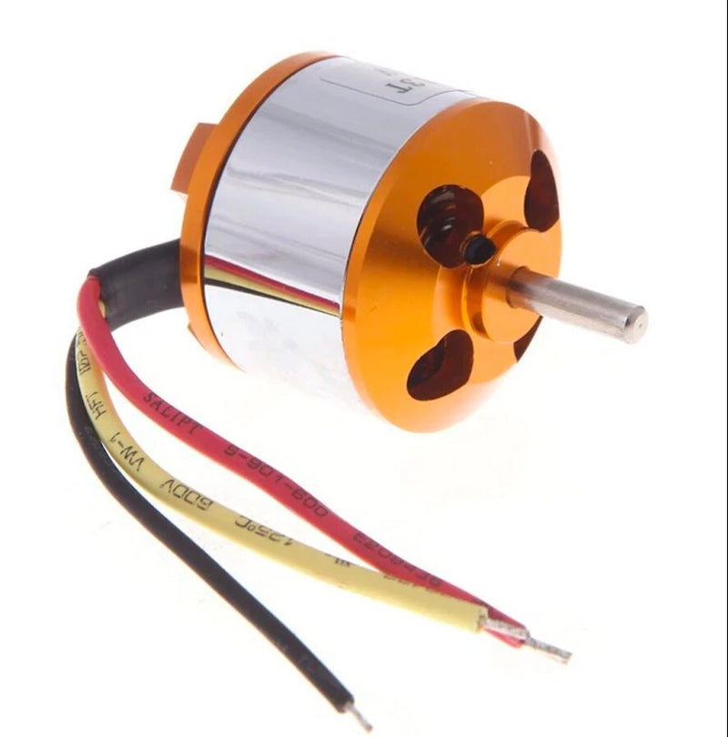 Orange brushless DC motor with shaft and red/black power leads