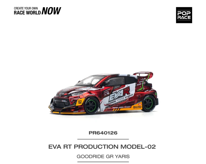 Red race car model with decals, EVA RT Production Model-02 Goodride GR Yaris, 1/64