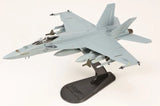 1/72 F/A-18E Super Hornet model airplane with decals, grey jet on display stand