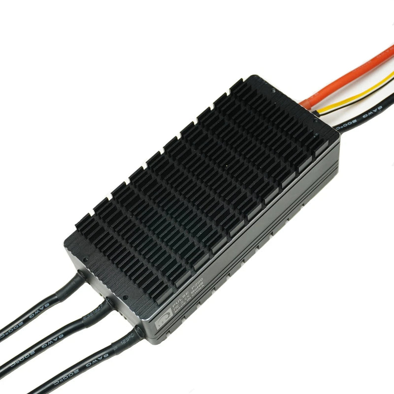 XOAR Pulse 200 ESC motor controller with black heatsink fins and orange and black wire leads