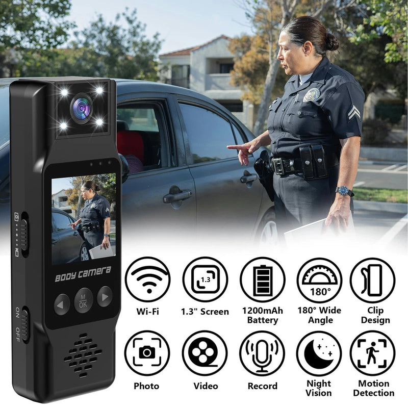 Black body action camera with front screen, Wi‑Fi icons and control buttons