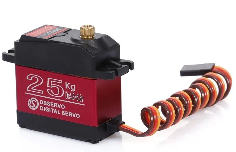 Waterproof digital metal-gear servo with 25kg label and orange-red coiled lead wire