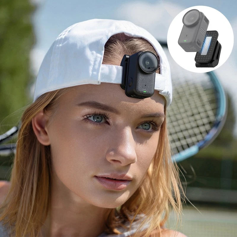 Hat cap clip with small action camera mounted on light blue cap