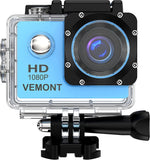 Action camera in clear waterproof housing with blue accents, visible lens and HD 1080P VEMONT text
