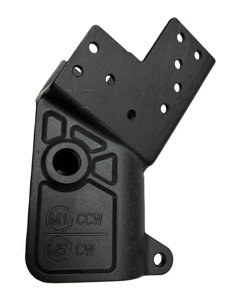 Aircraft arm connector bracket, black plastic with mounting holes and CCW/CW markings