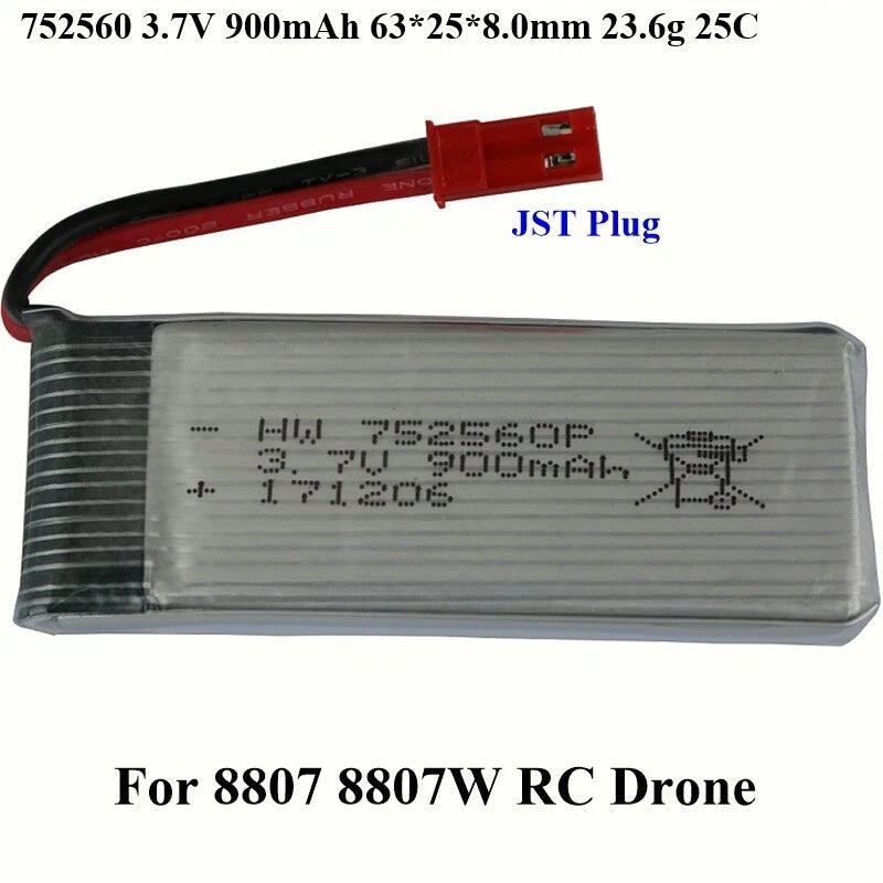 New 752560 900mAh 3.7V JST Plug 25C Battery For 8807 8807W RC Drone Toys