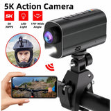 Black action camera with wide-angle lens and handlebar mount bracket