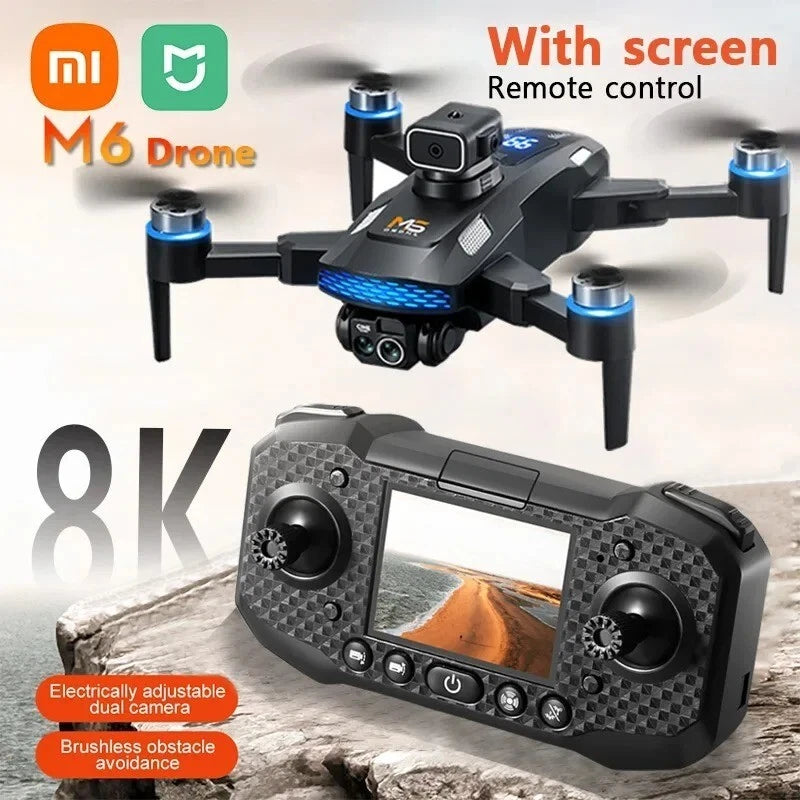 8K quadcopter drone with remote controller screen, foldable prop arms.