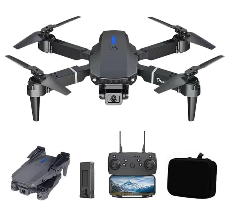 Foldable quadcopter drone with HD camera, remote controller, and carrying case