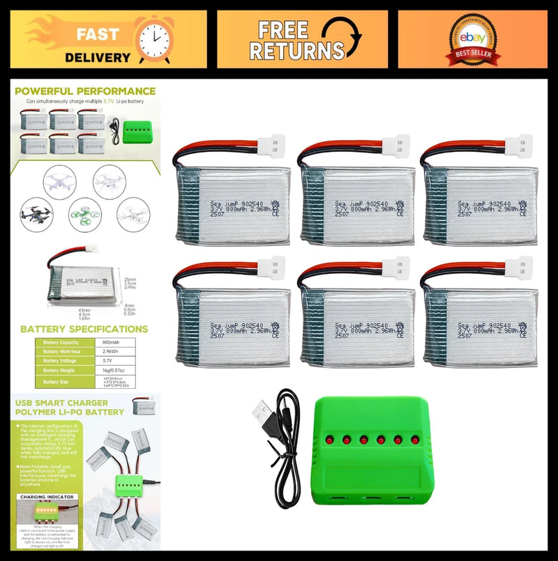 6PCS 3.7V 800mAh Lipo Battery & 6in1 Charger for Drones, Quadcopters, Robots Battery