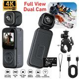 Dual-lens 4K action camera with Wi-Fi, handheld body and included mounting bracket