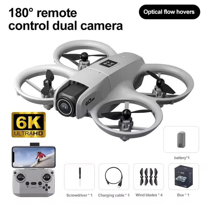 6K camera drone quadcopter with gray folding body, four propellers and front camera