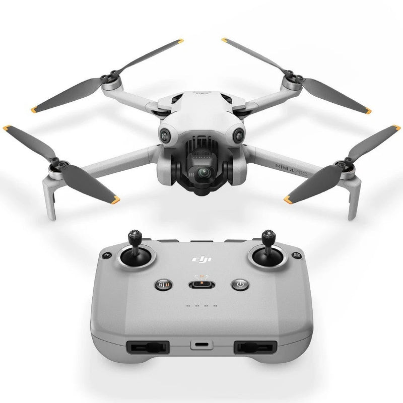 DJI Mini 4 Pro drone with DJI RC-N2 controller, gray body and four propellers