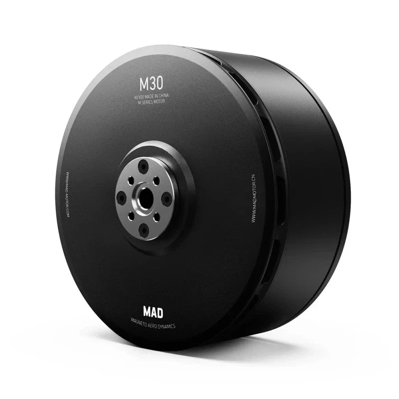 MAD M30 drone motor, black circular housing with mounting plate and fan hub