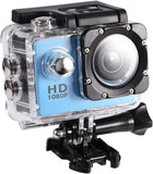 4K action camera in clear waterproof housing, front lens and side button controls