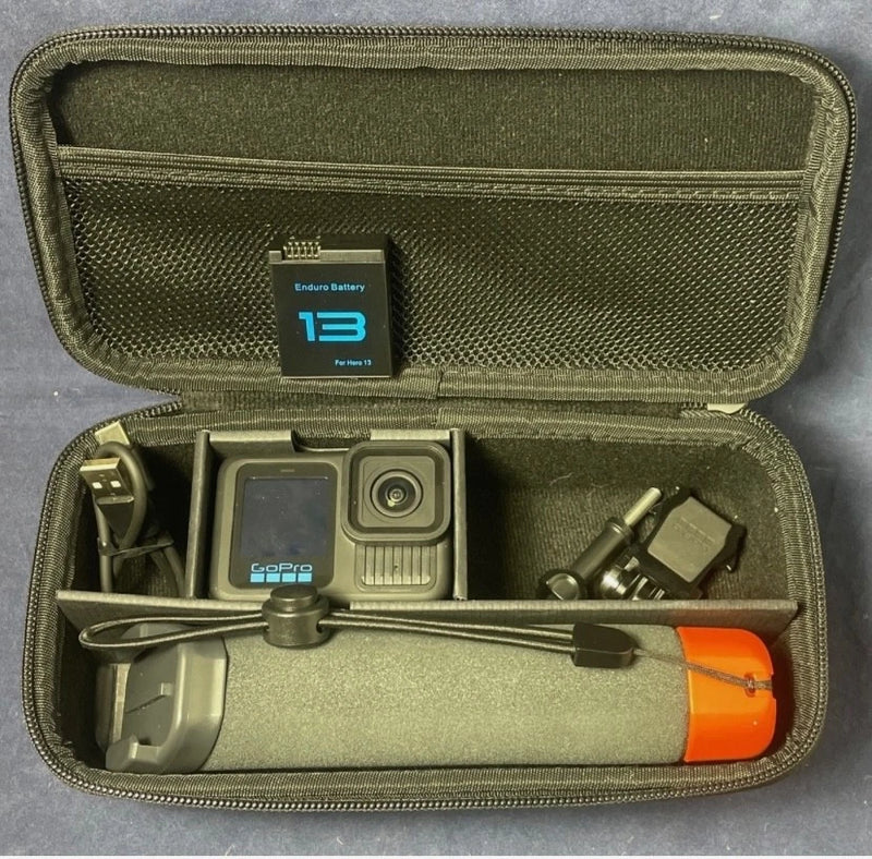 GoPro HERO13 Black action camera bundle in gray zip case with mounts and battery