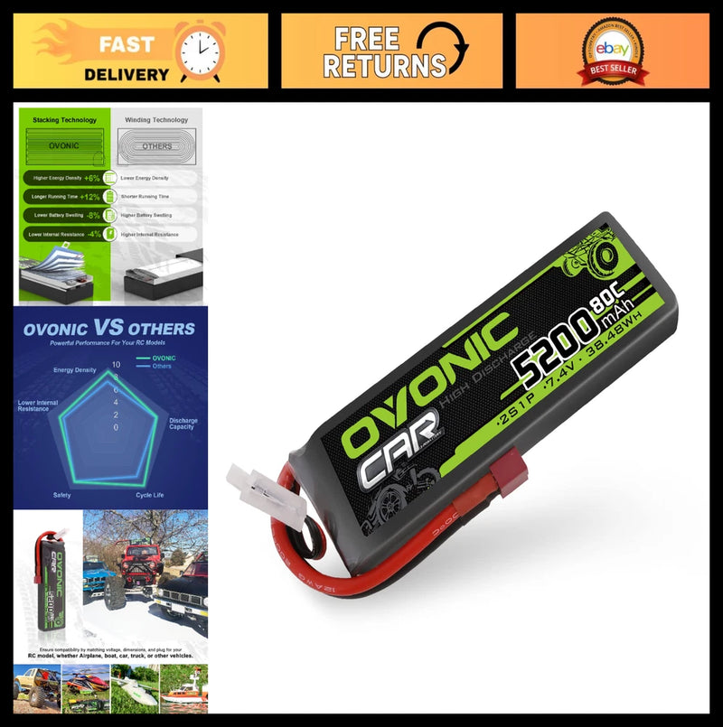 High-Performance 7.4V 80C 5200mAh 2S RC Battery Hard Case T Plug for RC Cars, Tr Battery