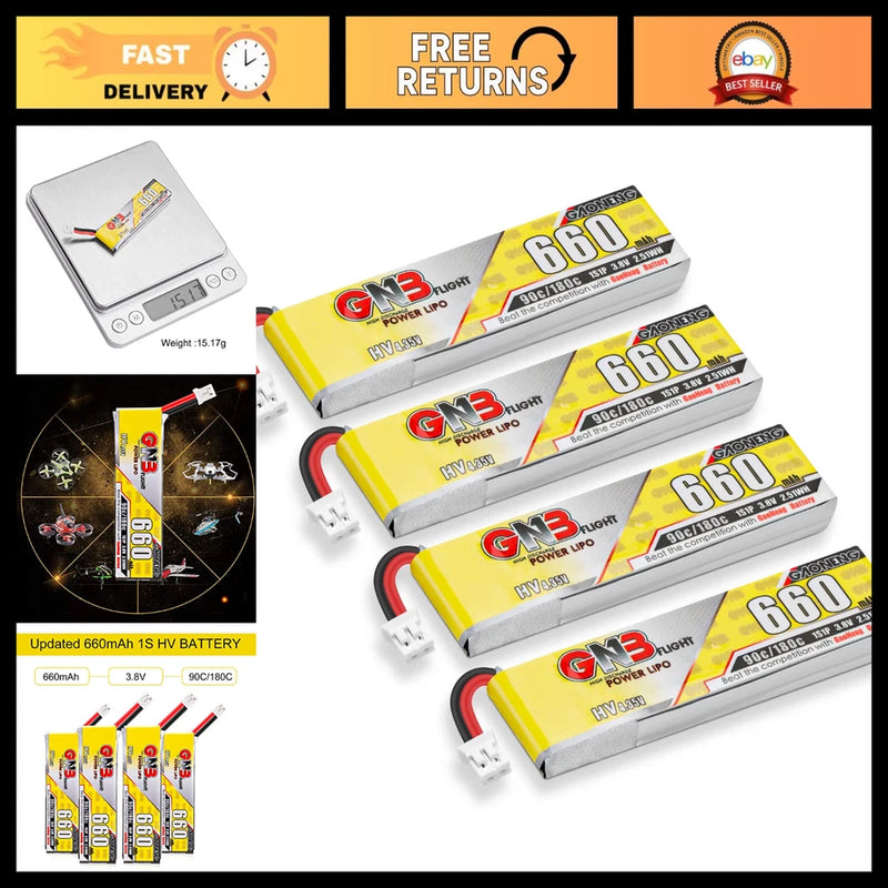 4PCS 660mAh 3.8V LiPo Battery with JST-PH2.0 Connector for 75mm Drone, Mobula7 Battery