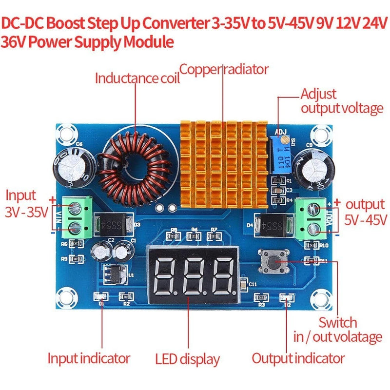 Adjustable DC-DC boost converter module with blue PCB, copper inductor heatsink, LED voltage display