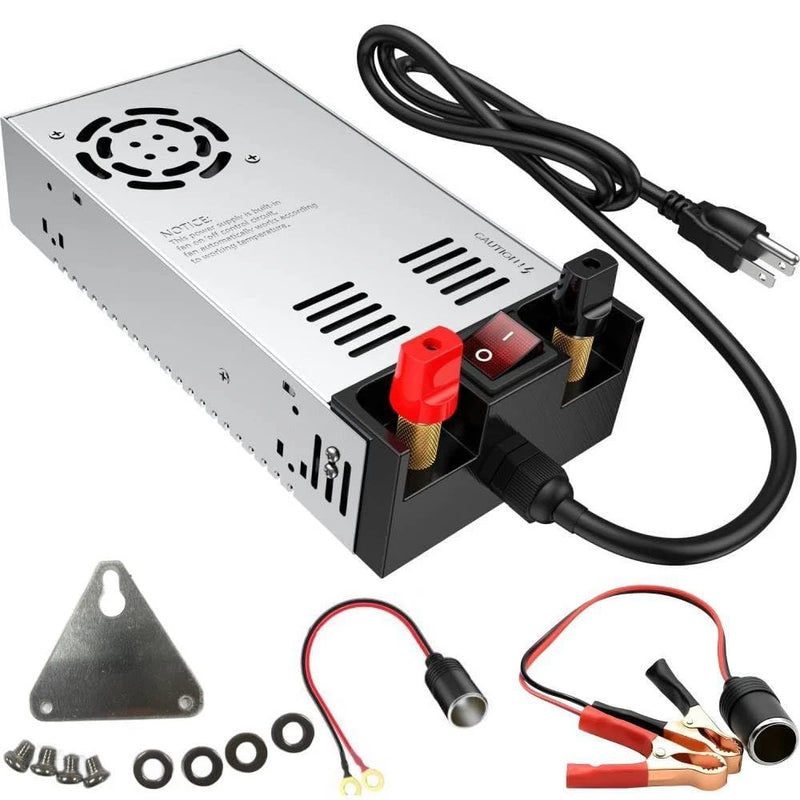 12V AC-to-DC power converter with on/off switch, plug terminal, attached power cord