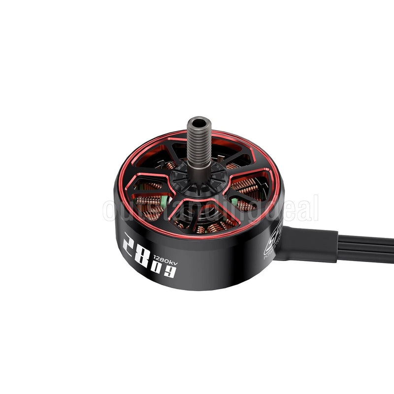 GEPRC SPEEDX2 FPV drone motor, black with red accents and wiring