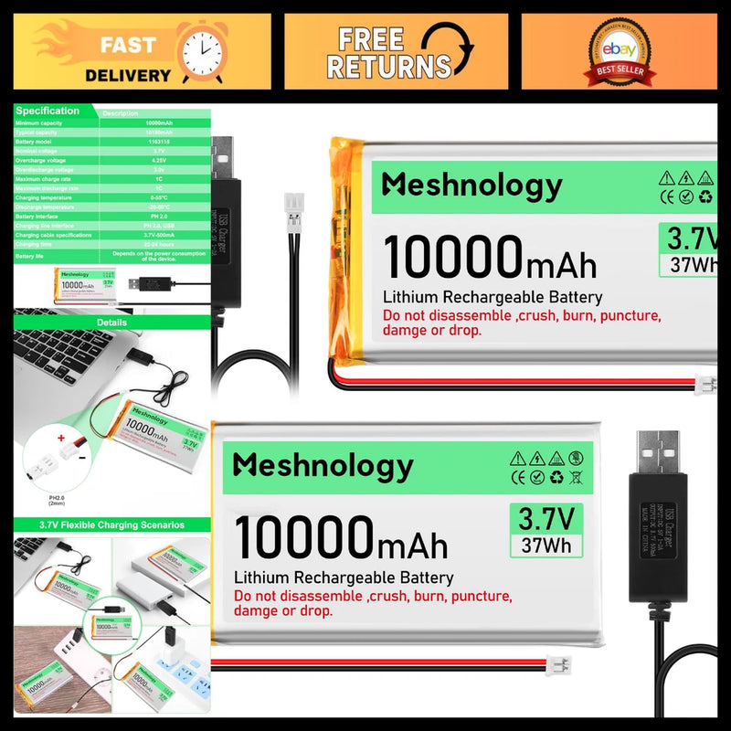 2pcs 3.7V 10000mAh LiPo Battery with USB Charger, Protection Board & Micro PH2.0 Battery
