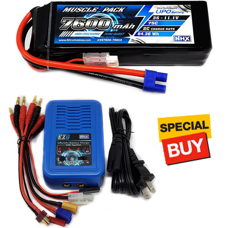 NHX Muscle Pack 3S 11.1V 7600mAh 75C Lipo Battery w/ EC3 / EZ6 Charger Battery
