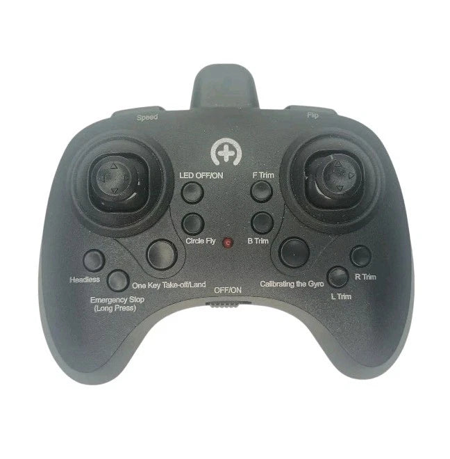 Dark gray drone quadcopter remote control with two joysticks and button panel
