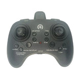 Dark gray drone quadcopter remote control with two joysticks and button panel