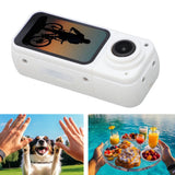 White thumb action camera with LCD screen and front wide-angle lens