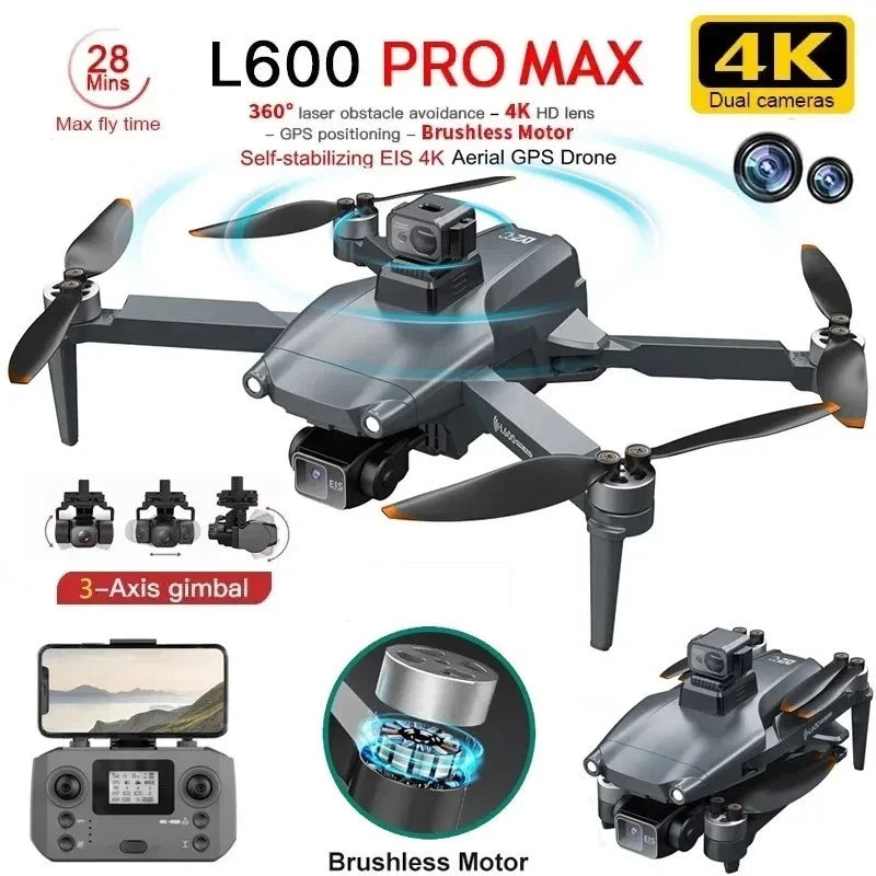 GPS 4K dual-camera drone with 3-axis gimbal, four rotors, foldable arms