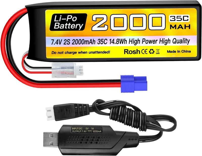 1PCS 2S Lipo Battery 7.4V 2000mAh 35C with EC2 Plug with USB Charging Cable