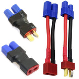 LiPo battery connector adapter set with blue housings, red/black wires, yellow pins