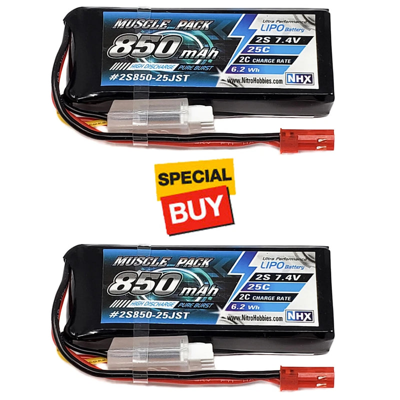 Two black LiPo battery packs with red/black leads and white JST connector