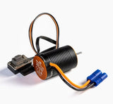 RC brushless motor and ESC combo, black cylinder with orange label and blue connector
