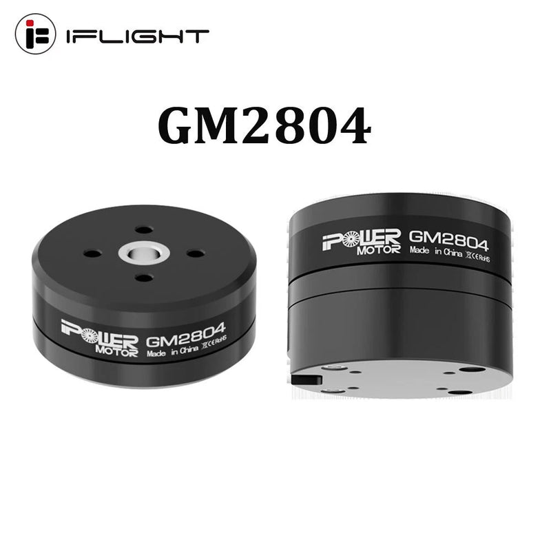 Black GM2804 brushless gimbal motor with encoder, circular mounting plate and screw holes