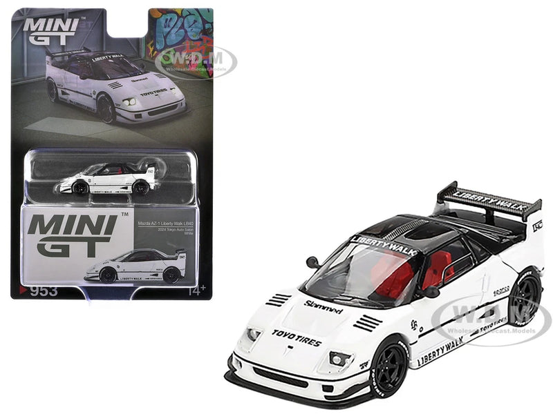 White Liberty Walk die-cast sports car model, front three-quarter view with decals