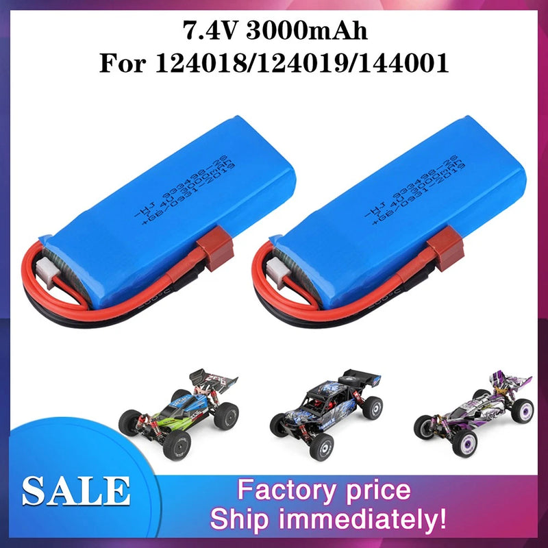 2PCS RC Car 7.4V 3000mAh Lipo Battery 2S for Wltoys 144001/ 124018 104001/124019 Battery