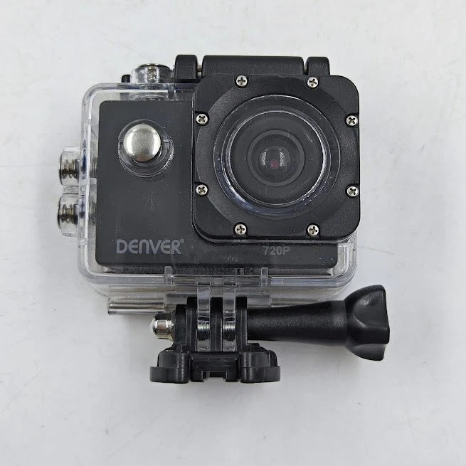 Denver action camera in clear waterproof case with black mount handle